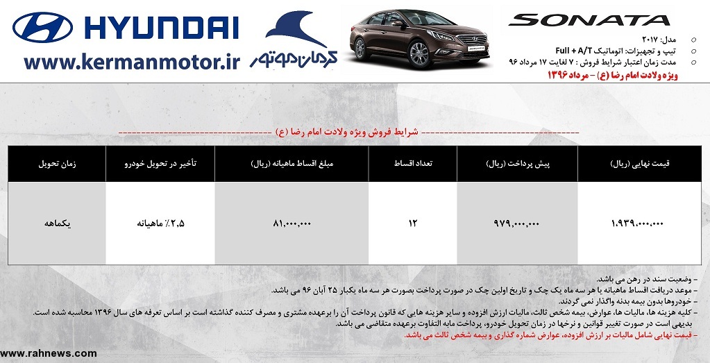 فروش اقساطی هیوندای سوناتا، توسان و سانتافه توسط کرمان خودرو (+جدول و جزئیات) فروش اقساطی هیوندای سوناتا، توسان و سانتافه توسط کرمان خودرو (+جدول و جزئیات)
