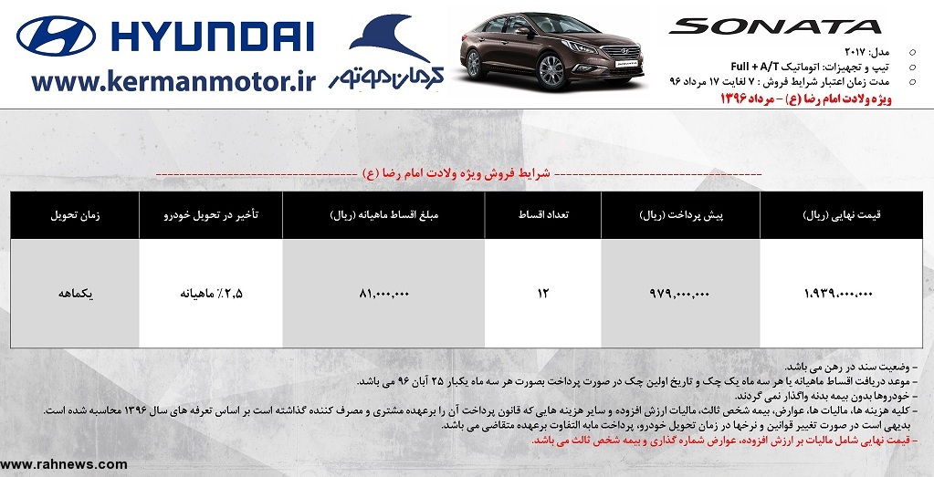 فروش اقساطی هیوندای سوناتا، توسان و سانتافه توسط کرمان خودرو (+جدول و جزئیات)
