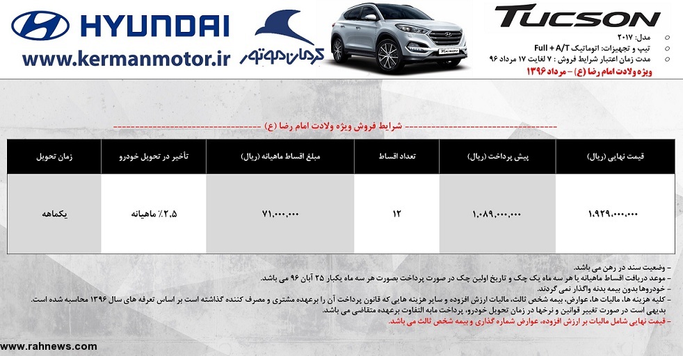 فروش اقساطی هیوندای سوناتا، توسان و سانتافه توسط کرمان خودرو (+جدول و جزئیات) فروش اقساطی هیوندای سوناتا، توسان و سانتافه توسط کرمان خودرو (+جدول و جزئیات)